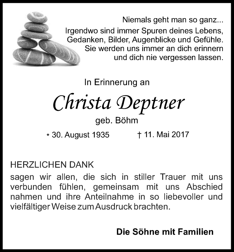  Traueranzeige für Christa Deptner vom 24.06.2017 aus Kölner Stadt-Anzeiger / Kölnische Rundschau / Express