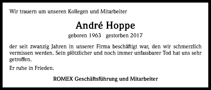  Traueranzeige für André Hoppe vom 10.06.2017 aus Kölner Stadt-Anzeiger / Kölnische Rundschau / Express