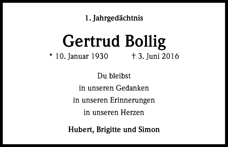  Traueranzeige für Gertrud Bollig vom 03.06.2017 aus Kölner Stadt-Anzeiger / Kölnische Rundschau / Express