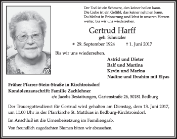 Anzeige von Gertrud Harff von  Sonntags-Post 