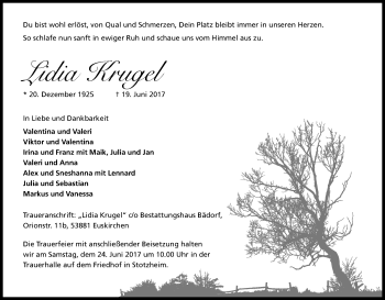 Anzeige von Lidia Krugel von Kölner Stadt-Anzeiger / Kölnische Rundschau / Express