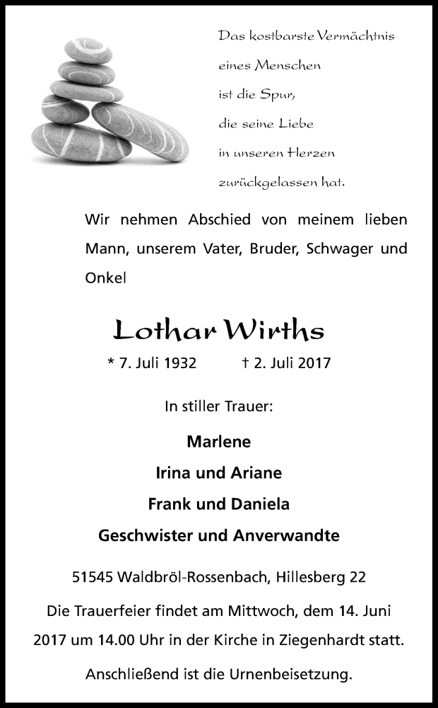  Traueranzeige für Lothar Wirths vom 10.06.2017 aus Kölner Stadt-Anzeiger / Kölnische Rundschau / Express