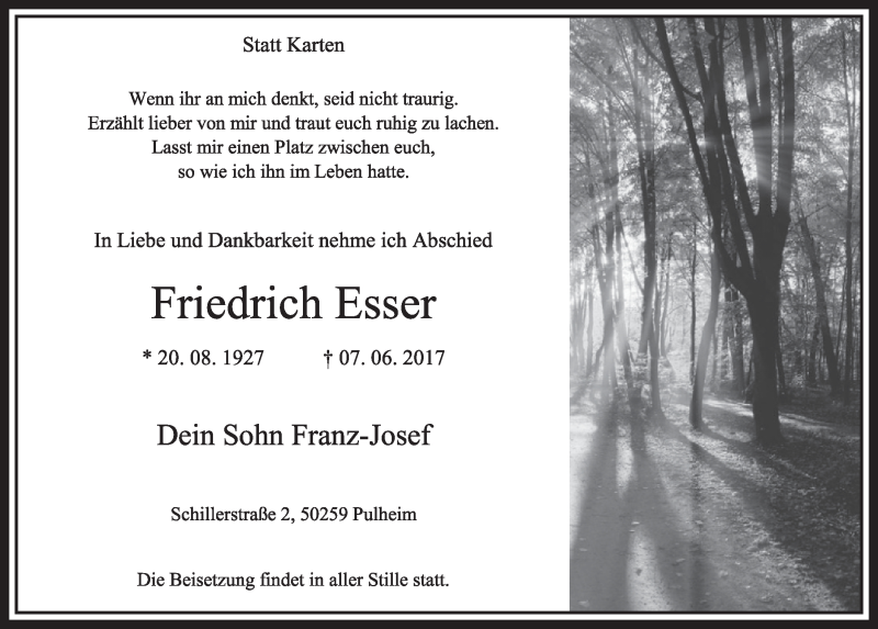  Traueranzeige für Friedrich Esser vom 17.06.2017 aus  Sonntags-Post 