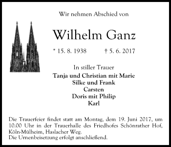 Anzeige von Wilhelm Ganz von Kölner Stadt-Anzeiger / Kölnische Rundschau / Express