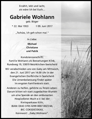 Anzeige von Gabriele Wohlann von Kölner Stadt-Anzeiger / Kölnische Rundschau / Express