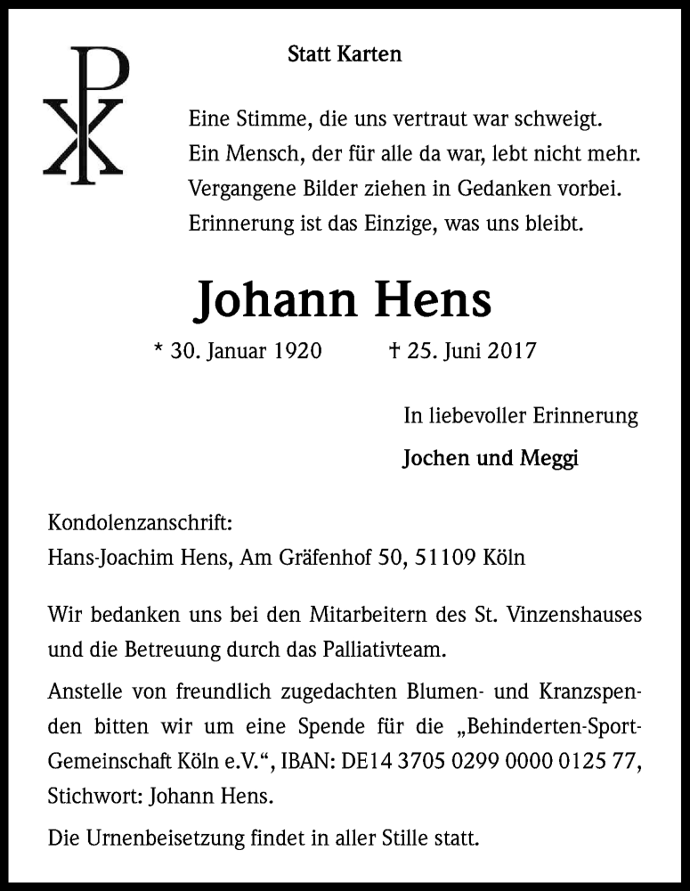  Traueranzeige für Johann Hens vom 01.07.2017 aus Kölner Stadt-Anzeiger / Kölnische Rundschau / Express