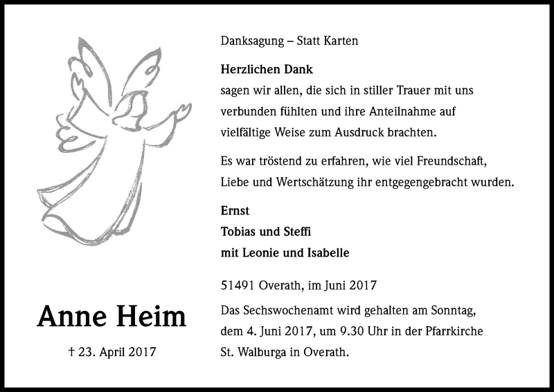  Traueranzeige für Anne Heim vom 03.06.2017 aus Kölner Stadt-Anzeiger / Kölnische Rundschau / Express
