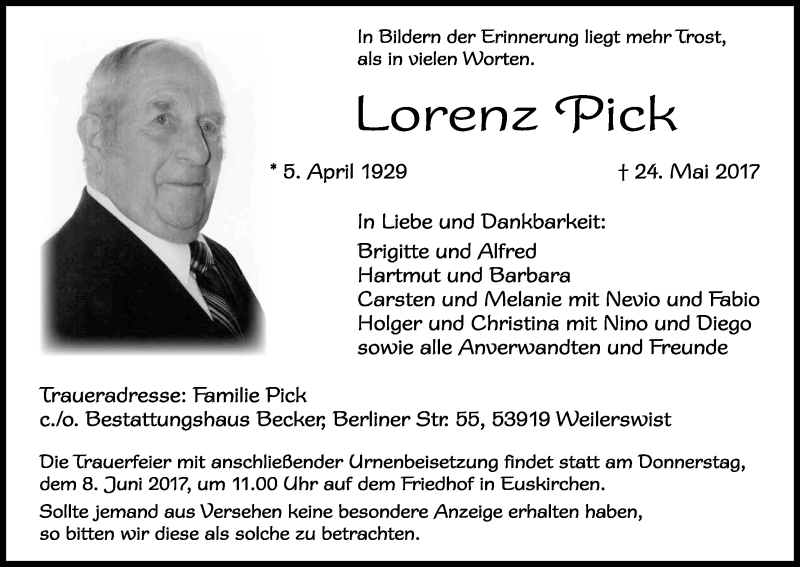  Traueranzeige für Lorenz Pick vom 03.06.2017 aus Kölner Stadt-Anzeiger / Kölnische Rundschau / Express