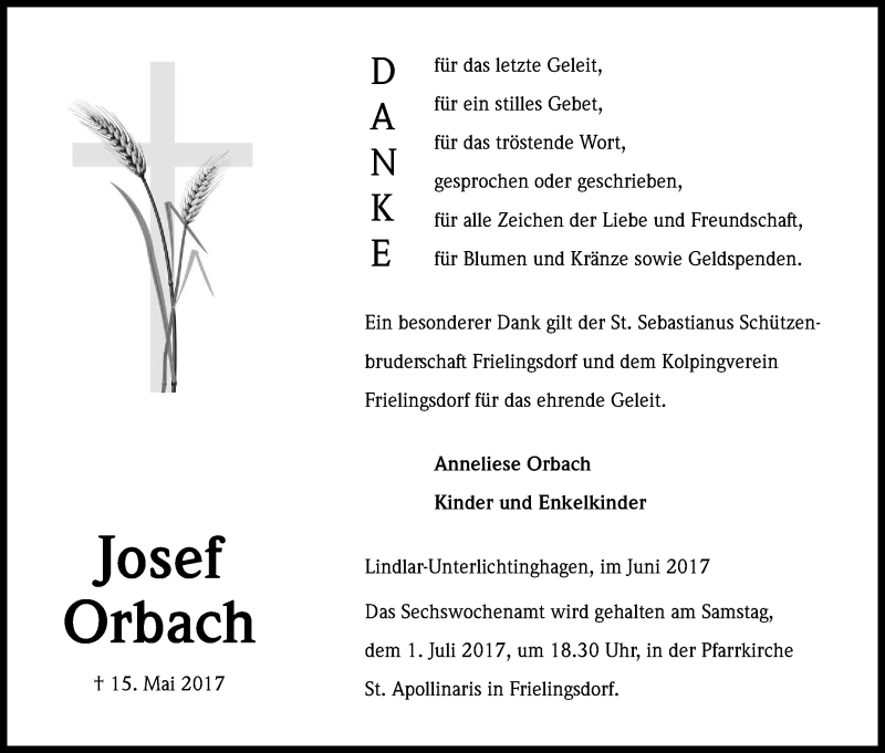  Traueranzeige für Josef Orbach vom 24.06.2017 aus Kölner Stadt-Anzeiger / Kölnische Rundschau / Express