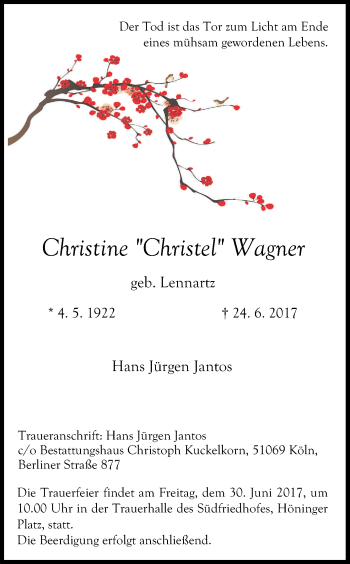 Anzeige von Christine  Wagner von Kölner Stadt-Anzeiger / Kölnische Rundschau / Express