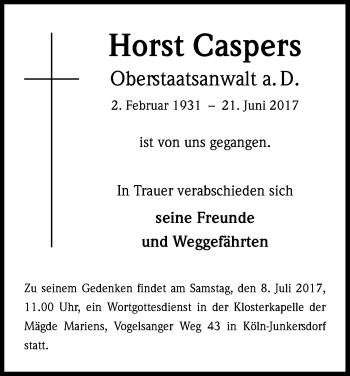 Anzeige von Horst Caspers von Kölner Stadt-Anzeiger / Kölnische Rundschau / Express