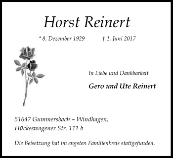 Anzeige von Horst Reinert von Kölner Stadt-Anzeiger / Kölnische Rundschau / Express