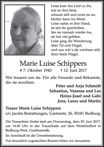 Anzeige von Marie Luise Schippers von  Sonntags-Post 