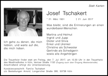 Anzeige von Josef Tschakert von Kölner Stadt-Anzeiger / Kölnische Rundschau / Express