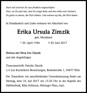 Anzeige von Erika Ursula Zimzik von Kölner Stadt-Anzeiger / Kölnische Rundschau / Express