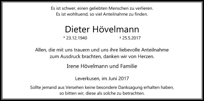  Traueranzeige für Dieter Hövelmann vom 17.06.2017 aus Kölner Stadt-Anzeiger / Kölnische Rundschau / Express
