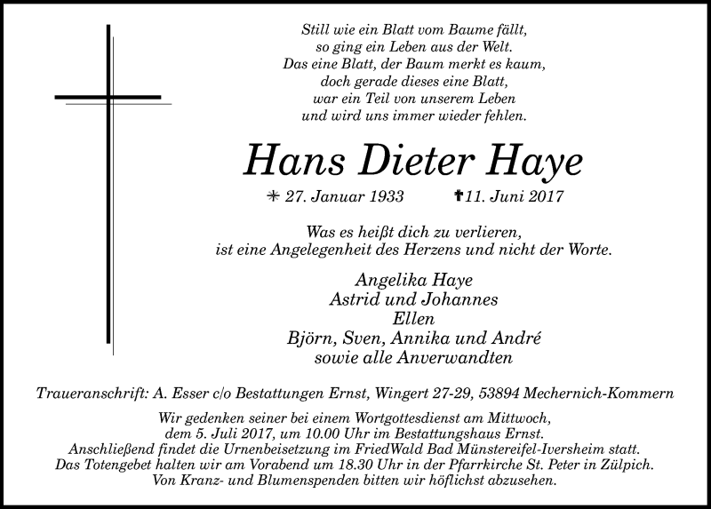  Traueranzeige für Hans Dieter Haye vom 17.06.2017 aus  Blickpunkt Euskirchen 
