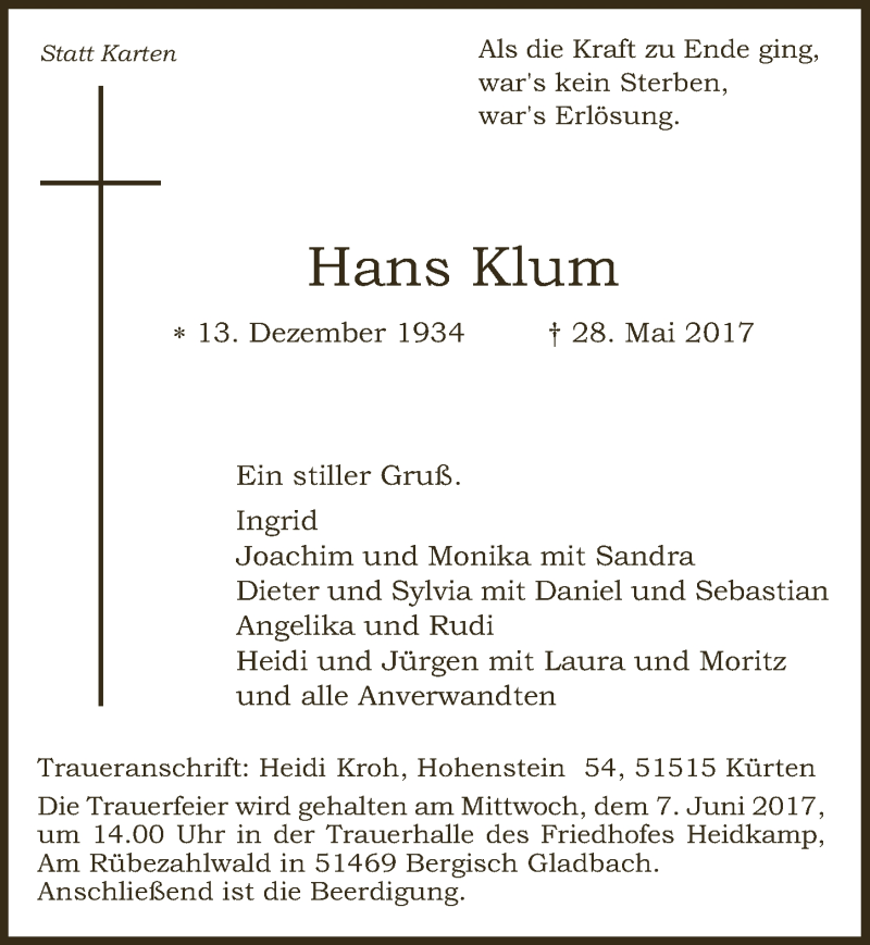  Traueranzeige für Hans Klum vom 03.06.2017 aus  Bergisches Sonntagsblatt 