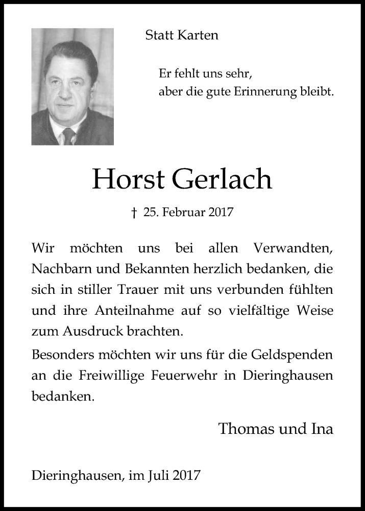  Traueranzeige für Horst Gerlach vom 01.07.2017 aus Kölner Stadt-Anzeiger / Kölnische Rundschau / Express