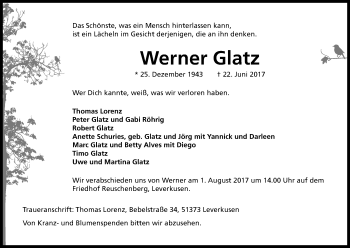 Anzeige von Werner Glatz von Kölner Stadt-Anzeiger / Kölnische Rundschau / Express