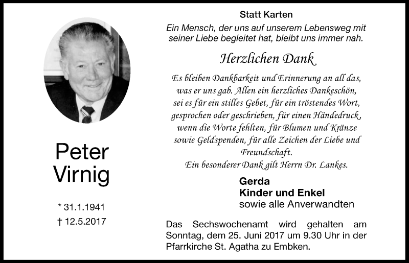  Traueranzeige für Peter Virnig vom 17.06.2017 aus  Blickpunkt Euskirchen 