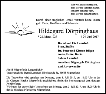 Anzeige von Hildegard Dörpinghaus von Kölner Stadt-Anzeiger / Kölnische Rundschau / Express