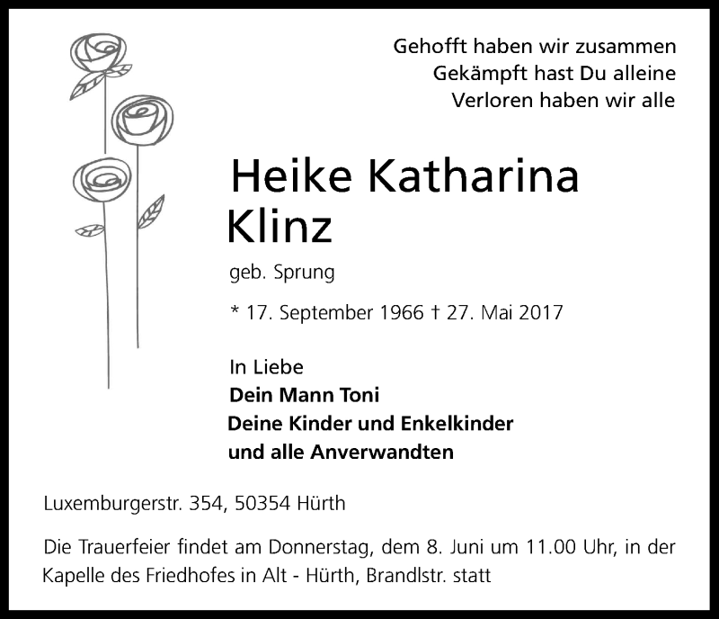  Traueranzeige für Heike Katharina Klinz vom 03.06.2017 aus Kölner Stadt-Anzeiger / Kölnische Rundschau / Express