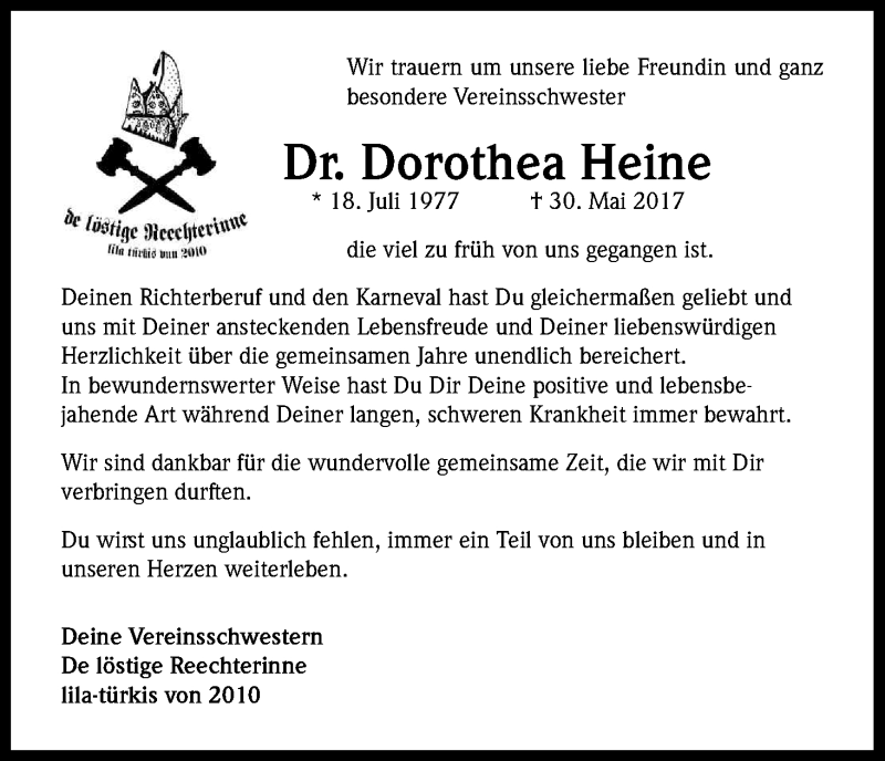  Traueranzeige für Dorothea Heine vom 07.06.2017 aus Kölner Stadt-Anzeiger / Kölnische Rundschau / Express