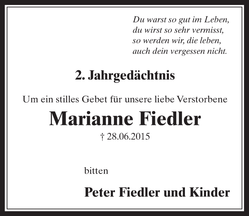  Traueranzeige für Marianne Fiedler vom 28.06.2017 aus  Werbepost 