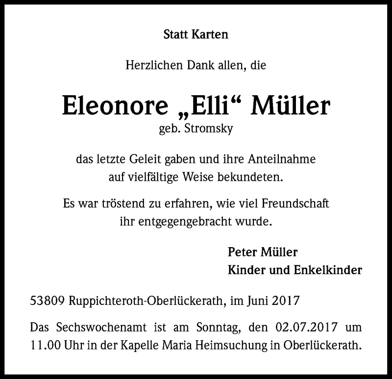  Traueranzeige für Eleonore Müller vom 21.06.2017 aus Kölner Stadt-Anzeiger / Kölnische Rundschau / Express