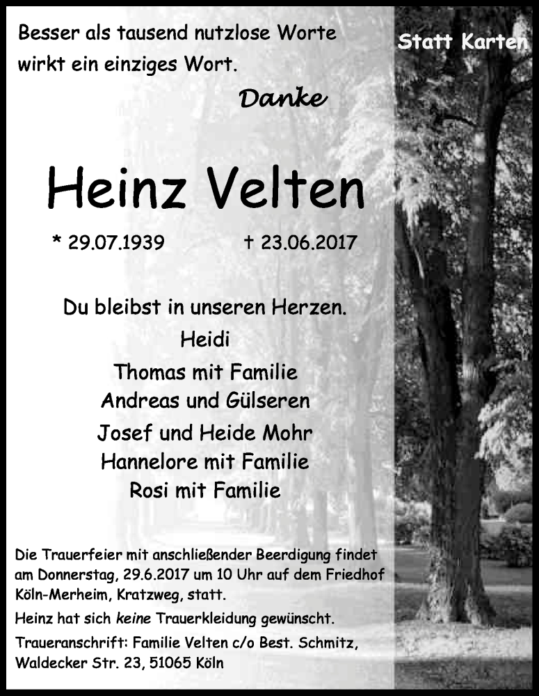  Traueranzeige für Heinz Velten vom 27.06.2017 aus Kölner Stadt-Anzeiger / Kölnische Rundschau / Express