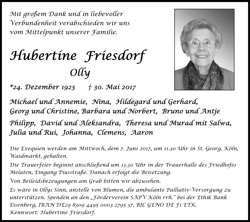  Traueranzeige für Hubertine Friesdorf vom 03.06.2017 aus Kölner Stadt-Anzeiger / Kölnische Rundschau / Express