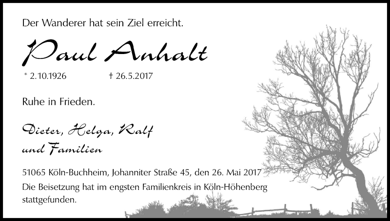  Traueranzeige für Paul Anhalt vom 03.06.2017 aus Kölner Stadt-Anzeiger / Kölnische Rundschau / Express