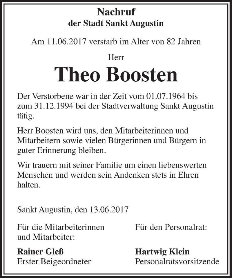  Traueranzeige für Theo Boosten vom 21.06.2017 aus  Extra Blatt 