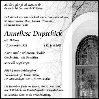 Anzeige von Anneliese Dupschick von Kölner Stadt-Anzeiger / Kölnische Rundschau / Express