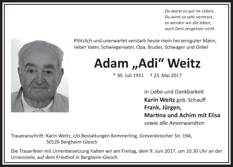  Traueranzeige für Adam  Weitz vom 03.06.2017 aus  Sonntags-Post 