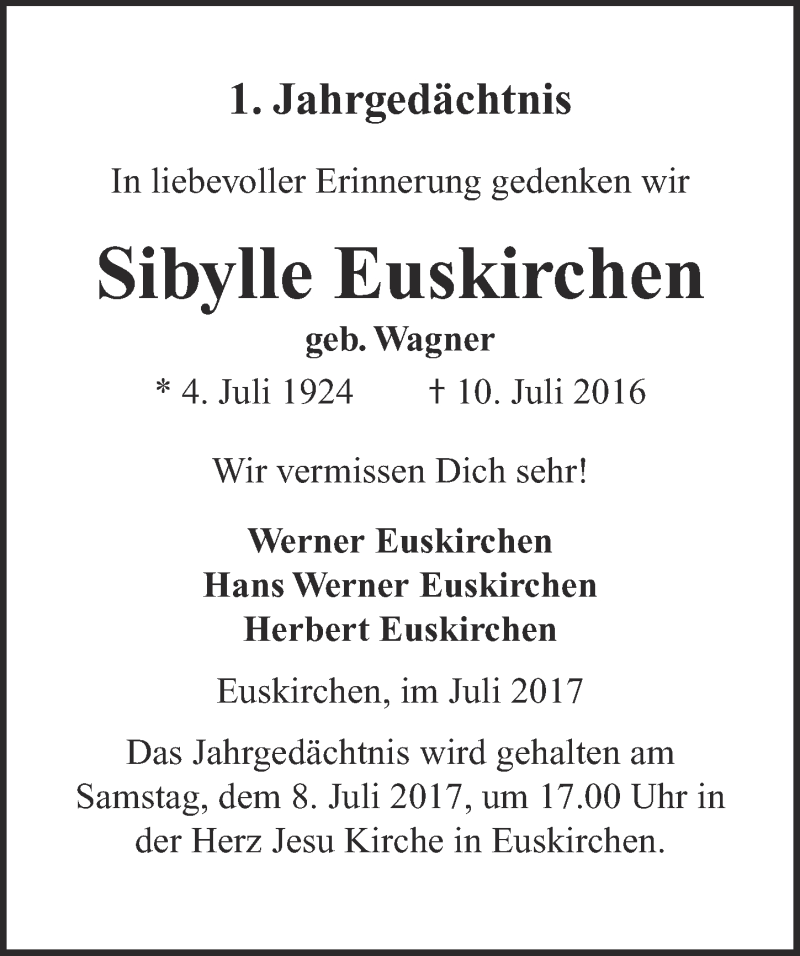  Traueranzeige für Sibylle Euskirchen vom 01.07.2017 aus  Blickpunkt Euskirchen 