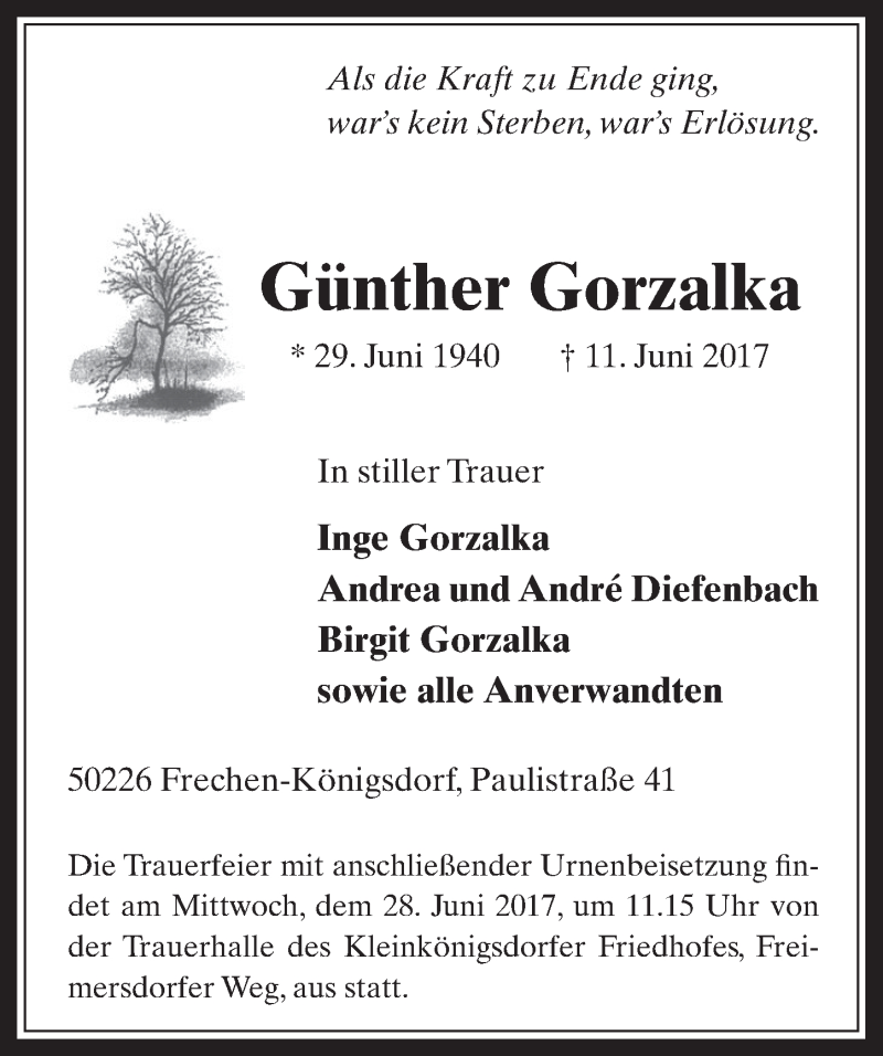 Traueranzeige für Günther Gorzalka vom 21.06.2017 aus  Wochenende 