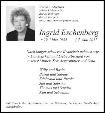 Anzeige von Ingrid Eschenberg von Kölner Stadt-Anzeiger / Kölnische Rundschau / Express