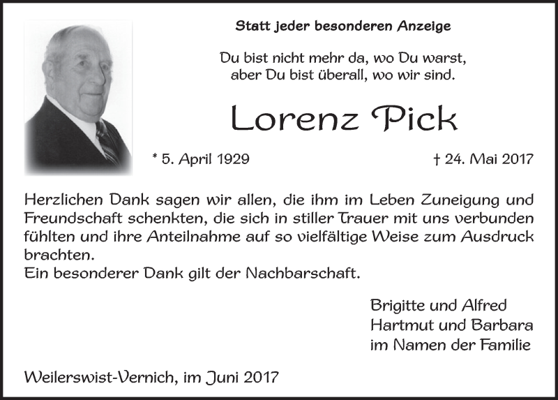  Traueranzeige für Lorenz Pick vom 24.06.2017 aus  Blickpunkt Euskirchen 