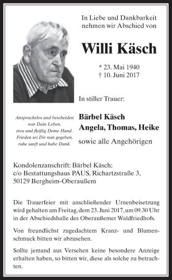 Anzeige von Willi Käsch von  Werbepost 