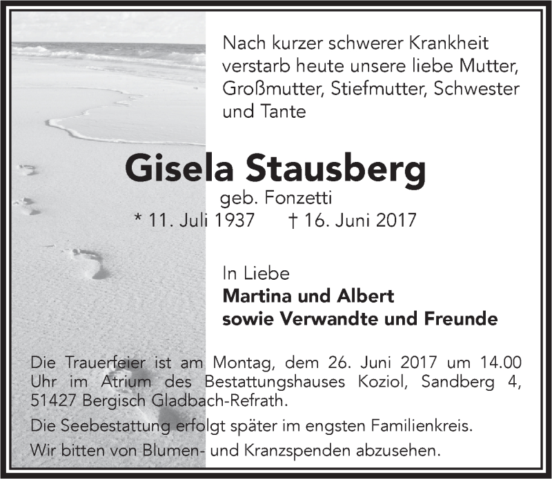  Traueranzeige für Gisela Stausberg vom 21.06.2017 aus  Bergisches Handelsblatt 