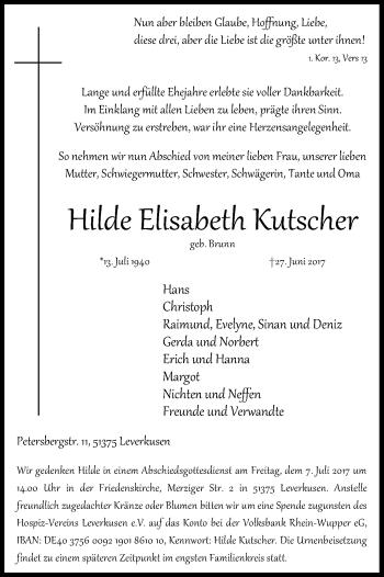 Anzeige von Hilde Elisabeth Kutscher von Kölner Stadt-Anzeiger / Kölnische Rundschau / Express