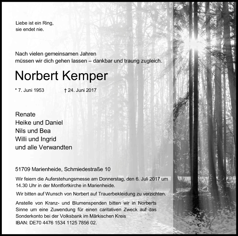  Traueranzeige für Norbert Kemper vom 30.06.2017 aus Kölner Stadt-Anzeiger / Kölnische Rundschau / Express