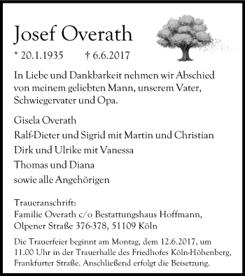 Anzeige von Josef Overath von Kölner Stadt-Anzeiger / Kölnische Rundschau / Express