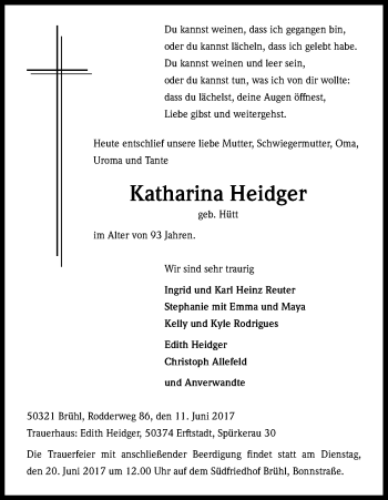 Anzeige von Katharina Heidger von Kölner Stadt-Anzeiger / Kölnische Rundschau / Express