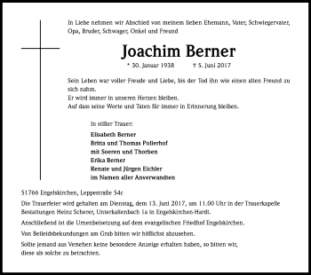 Anzeige von Joachim Berner von Kölner Stadt-Anzeiger / Kölnische Rundschau / Express