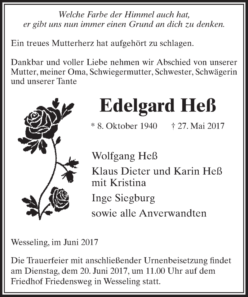  Traueranzeige für Edelgard Heß vom 14.06.2017 aus  Schlossbote/Werbekurier 