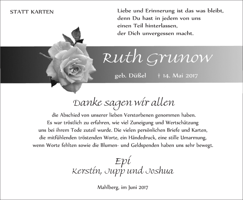  Traueranzeige für Ruth Grunow vom 24.06.2017 aus  Blickpunkt Euskirchen 