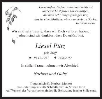 Anzeige von Liesel Pütz von  Wochenende 